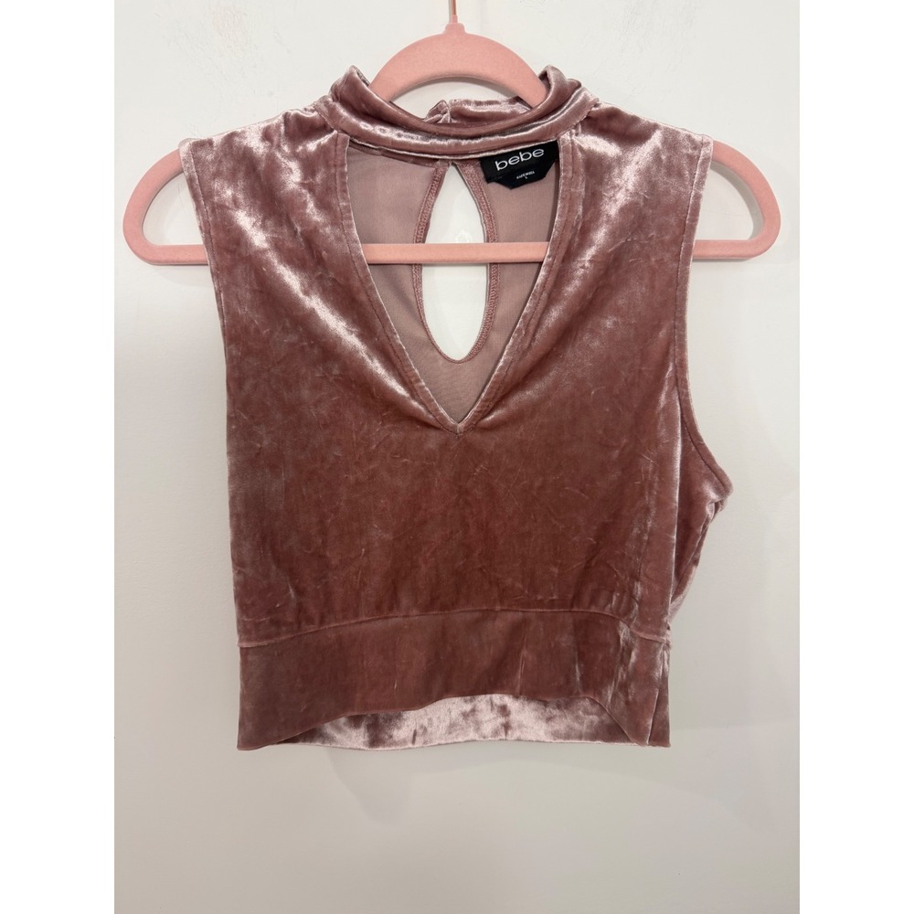 Bebe Womens Mauve Pink Crushed Velvet Mock Neck Keyhole Crop Top Large